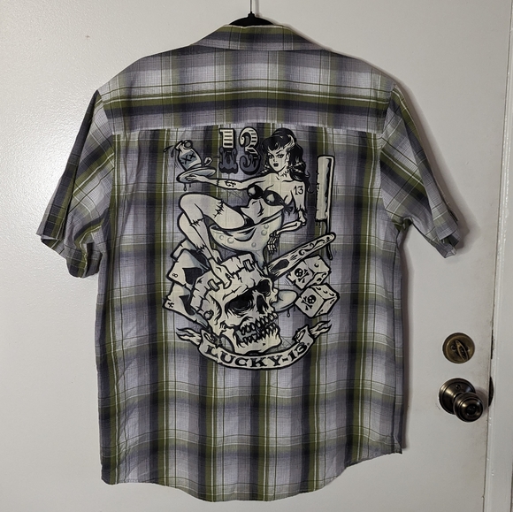 Lucky 13 zombie tiki button up shirt plaid green rockabilly retro pin up M L - Picture 9 of 12